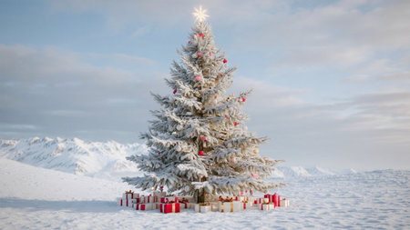 A festive Christmas tree covered with snow and neon-bright decorations illuminates the silent mountain scenery around it.の写真素材