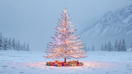 A tall, beautifully decorated Christmas tree stands untouched by footprints, glowing softly in a serene cold landscape.の写真素材