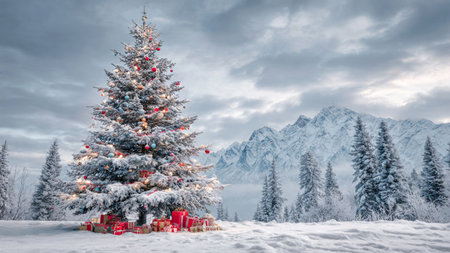 A glowing Christmas tree covered in snow is framed by a serene valley and distant white mountains.の写真素材