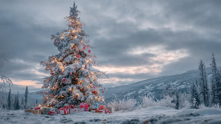 A radiant Christmas tree decorated with colorful lights stands elegantly on untouched snow beneath soft clouds.の写真素材
