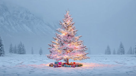 A tall Christmas tree filled with bright decorations illuminates the cold silent landscape around it.の写真素材