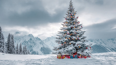 A festive glowing evergreen illuminates the cold, peaceful winter atmosphere.の写真素材