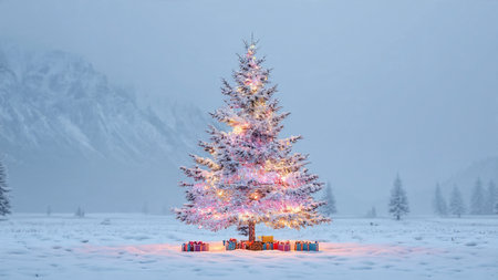 A magnificent snow-covered Christmas tree stands in the center of a quiet winter valley, gifts...