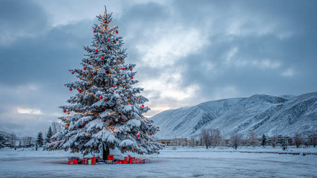 A snow-laden tree glows warmly before a backdrop of soft cloud-covered mountains.