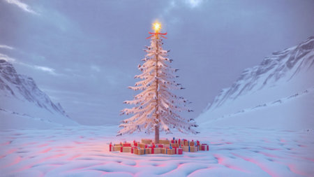A snow-capped Christmas tree sparkles brightly under a calm gray sky, standing in untouched powdery snow.の写真素材