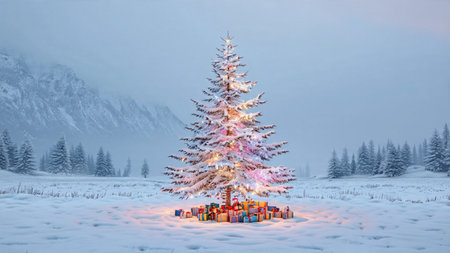 A magical winter scene shows a decorated Christmas tree glowing warmly amid a landscape of untouched snow and distant mountains.の写真素材