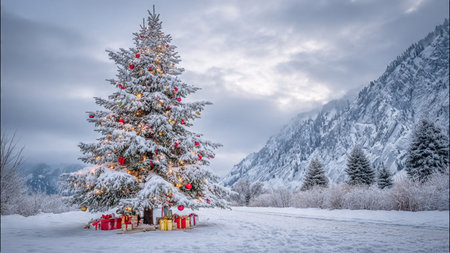 A beautiful illuminated Christmas tree stands untouched in a quiet snowy landscape.の写真素材