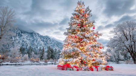 A festive glowing Christmas tree dominates the winter landscape with elegant ribbons and lights.の写真素材