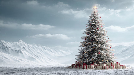 A magical winter landscape is centered around a radiant Christmas tree with glowing decorations and untouched snow.の写真素材