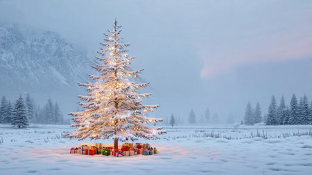 A serene winter field showcases a glowing Christmas tree dressed in lights and elegant red ribbons.