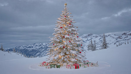 A festive tree adorned with red silk ribbons and multicolored lights illuminates a peaceful snowy setting.の写真素材