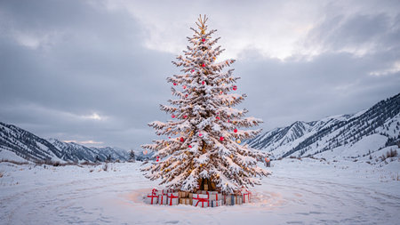 A snow-filled valley holds a tall bright Christmas tree decorated with shimmering ornaments.
