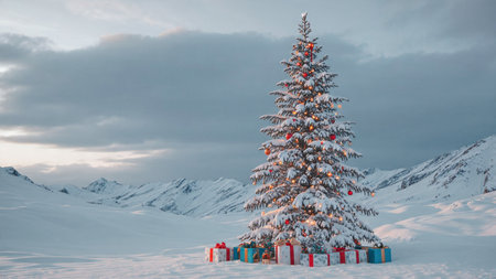 A tall Christmas tree glowing warmly stands before distant mountains coated in soft snow.の写真素材
