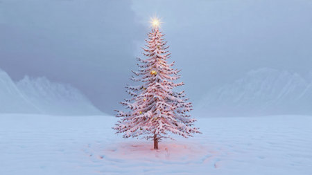 A beautiful tree covered in snow shines warmly.の写真素材