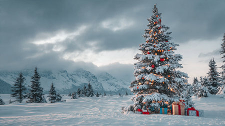 A majestic holiday tree adorned with glass ornaments and snow sparkles warmly with mountains providing a dramatic snowy backdrop.の写真素材