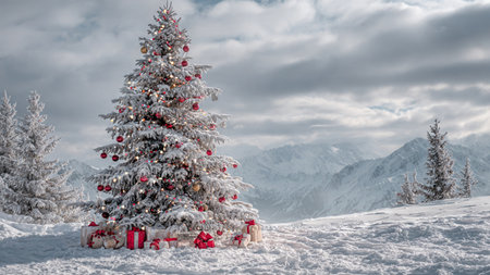 A tall holiday tree dusted with snow shines softly beneath drifting winter clouds.の写真素材