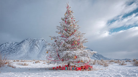 A sparkling Christmas tree adorned with red ribbons stands tall in a field of untouched snow.