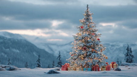 A radiant Christmas tree decorated with glittering baubles stands beautifully on fresh white snow.の写真素材