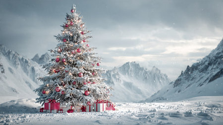 A winter wonderland is brought to life by a radiant Christmas tree standing tall in pristine snow.の写真素材