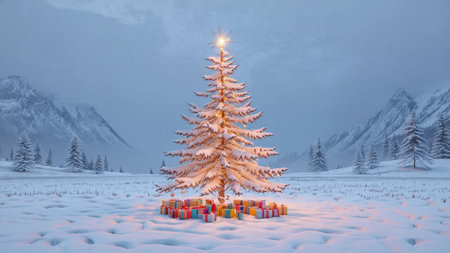 A majestic Christmas tree with elegant red ribbons and crystal baubles glows in fresh snow.の写真素材