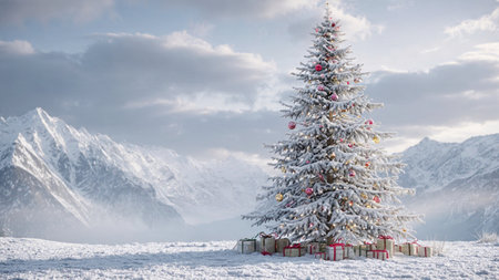 A grand Christmas tree sits at the center of a serene snowy scene, decorated with elegant ornaments and ribbons.の写真素材