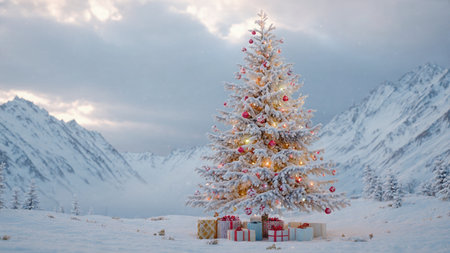 A glowing Christmas tree casts a warm light across untouched snow under a cloudy sky.の写真素材