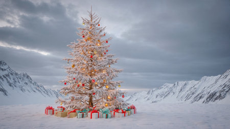 A beautiful snowy Christmas tree glows in the peaceful open air as scattered clouds drift behind it.の写真素材
