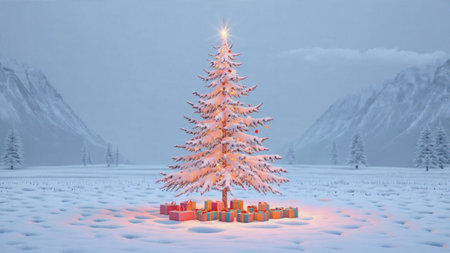 A stunning Christmas tree with snow-dusted branches creates a warm glow against the icy background of mountains.の写真素材