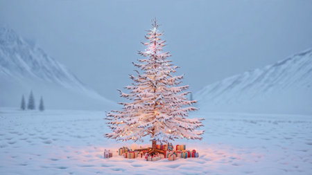 A tall evergreen covered in sparkling ornaments stands undisturbed in the quiet snowy field.の写真素材