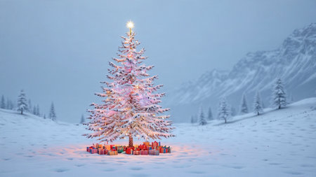 A festive Christmas tree stands tall beneath a soft gray sky, surrounded by colorful presents below.の写真素材