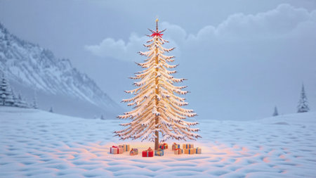 A sparkling Christmas tree adorned with shimmering ribbons illuminates the winter scene.の写真素材