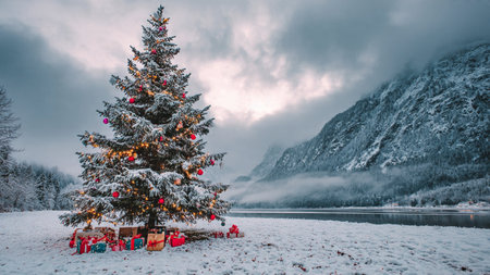 A rich winter scene showcases a glowing Christmas tree wrapped in shimmering glass balls and red ribbons.の写真素材