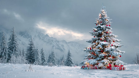 A magical winter landscape is highlighted by a bright Christmas tree glowing in the cold air.の写真素材