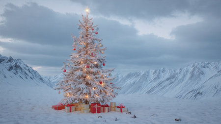 A charming snow-covered tree shines gently under a sky filled with light white clouds.の写真素材