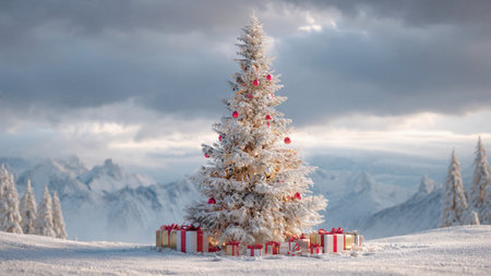 A serene winter field showcases a glowing Christmas tree dressed in lights and elegant red ribbons.の写真素材
