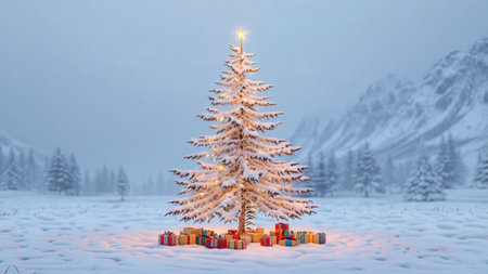 A beautiful snowy Christmas tree glows in the peaceful open air as scattered clouds drift behind it.