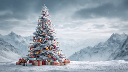 A majestic Christmas tree with elegant red ribbons and crystal baubles glows in fresh snow.の写真素材