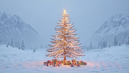 A tall evergreen decorated with shimmering glass balls glows softly in the cold winter air.