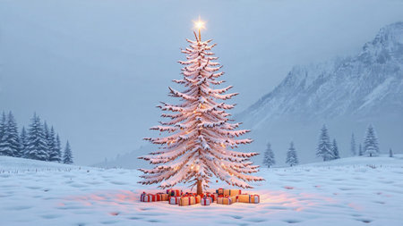 A tranquil snowy morning features a tall Christmas tree shimmering with multicolored lights and...