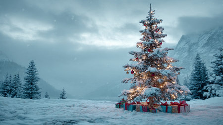 A glowing holiday tree stands tall in a silent snowy field, its red ribbons and sparkling lights contrasting the white surroundings.の写真素材