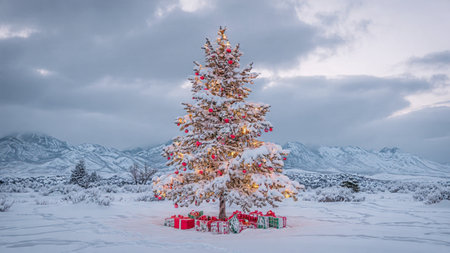 A luminous holiday tree adorned with red and gold ornaments stands alone in a quiet snowy landscape.の写真素材