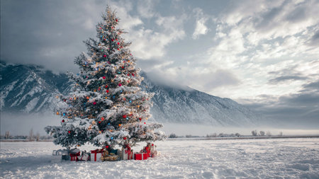 A snow-covered festive tree glows warmly, surrounded by neatly wrapped colorful presents.の写真素材