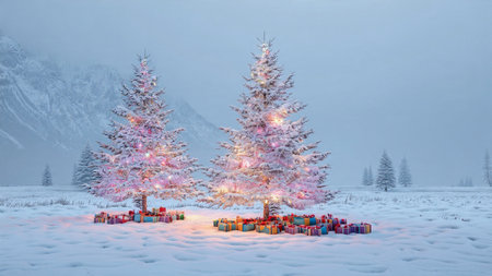 A soft-lit Christmas tree glowing with warm hues brightens the calm snowy surroundings.の写真素材