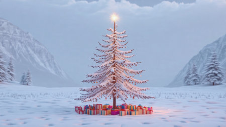 A grand Christmas tree glistens warmly under a gray sky, surrounded by vivid wrapped presents...