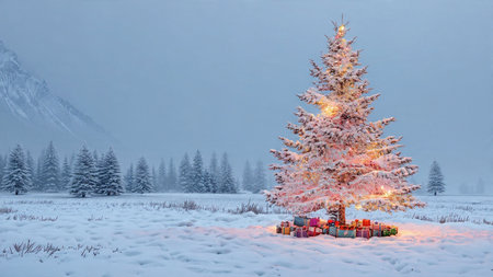 A magical holiday tree glimmers with multicolored lights amid a silent snowy background.の写真素材