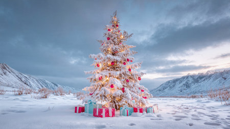A festive winter tree with shimmering lights illuminates the snowy ground around it.の写真素材