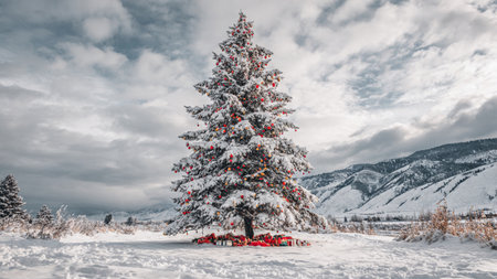 A radiant Christmas tree decorated with colorful lights stands elegantly on untouched snow beneath soft clouds.の写真素材