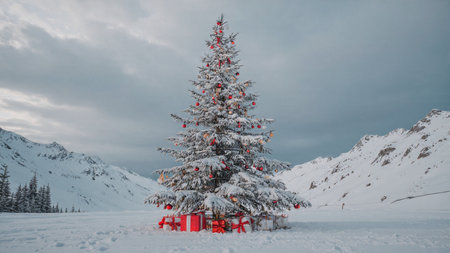A tall holiday tree sparkles with colorful lights amid a quiet snowy field, untouched by any footsteps.の写真素材