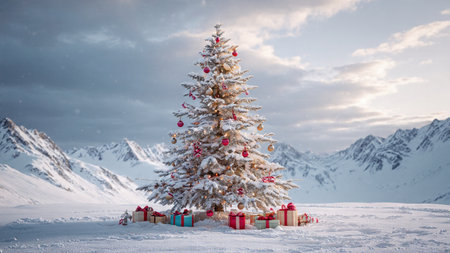 A serene snowy field becomes enchanting with a tall Christmas tree shining beautifully.の写真素材