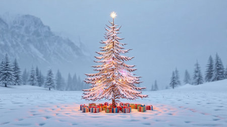 A glowing winter tree filled with ornaments stands in untouched snow near distant mountains.の写真素材